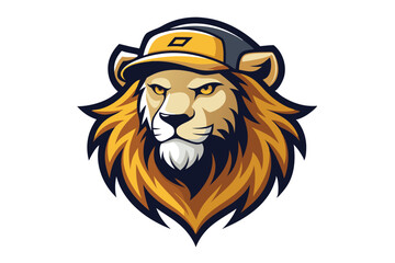 Mascot Lion Head with Golden Mane and a Hip Yellow Baseball Cap, on White Background