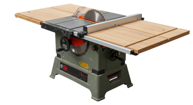 Isolated Table Saw with Extension Wings and Safety Features