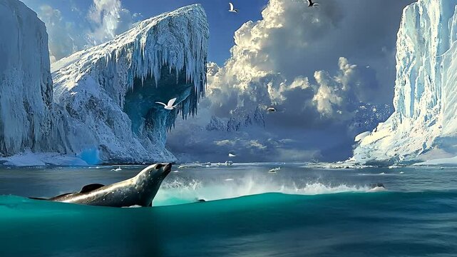 Arctic seals playing in the frigid waters surrounded by glaciers and snowy cliffs