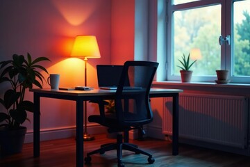Fototapeta premium Empty chair at desk, laptop open, home office, computer, remote, freelancer