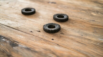 Three small metal gears on rustic wooden surface