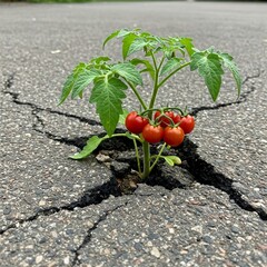 tomato plant growing out from cracked road