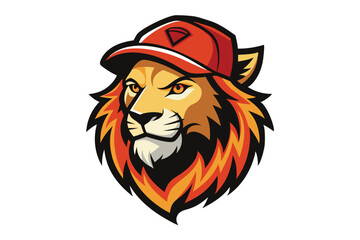 Modern Lion Head with Fiery Mane and Stylish Cap on White Background