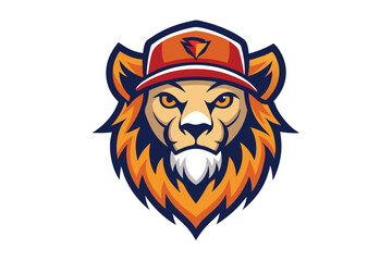 Modern Lion Head Mascot Wearing a Cap with White Background & Intense Gaze