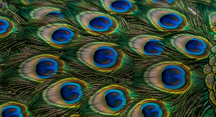 Obraz premium Beautiful blue and green peacock feathers display a colorful eye pattern, a close-up of nature's plumage from the stunning bird's tail