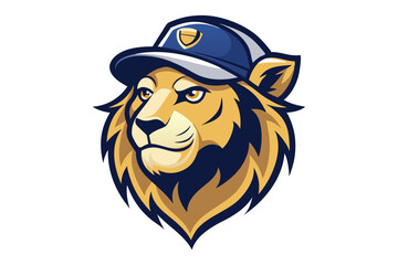 Cartoon Lion Head with Cap on White Background. Detailed Illustration