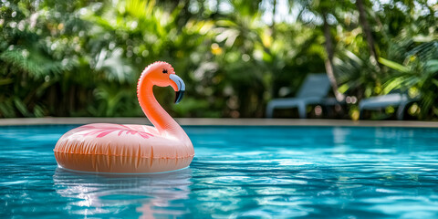 Flamingo inflatable floatie resting in turquoise swimming pool surrounded by tropical greenery in sunny afternoon