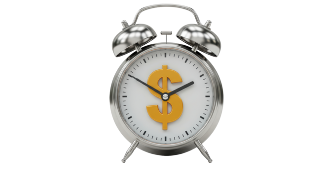 Isolated Silver Alarm Clock with Gold Dollar Sign