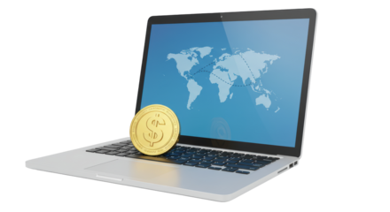 Isolated Laptop with World Map and Gold Coin