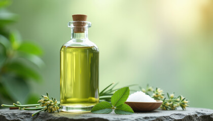 Algae Cooking Oil. Green glass bottle of algae oil with fresh herbs and salt in sunlight