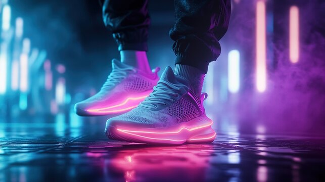 Futuristic cyberpunk sneaker mockup urban setting digital art neon environment close-up view innovative design