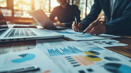 Two professionals engage in a productive brainstorming session surrounded by reports and data visualizations, illuminated by the warm glow of the evening sun streaming through the windows