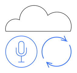 Cloud outline above microphone and circular synchronization arrows. Ideal for cloud computing, storage, audio streaming, voice recognition, data backup, AI services, flat simple metaphor