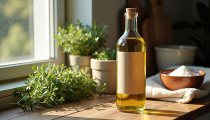 Algae Cooking Oil. Algae cooking oil bottle with herbs and salt on wooden kitchen counter