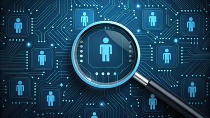Obraz premium Digital representation of individuals on circuit board, emphasized by a magnifying glass, symbolizing technology and data analysis.