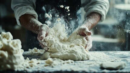 Baker kneads dough with flour floating in the air in a busy kitchen during morning hours