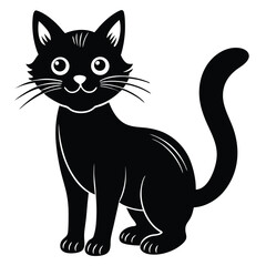Cartoon black and white cat silhouette sitting with cute eyes and tail