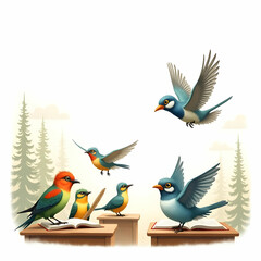 Obraz premium A dynamic illustration featuring birds in flight and at rest.