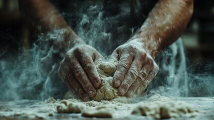 Fototapeta premium Baker kneads dough in flour-dusted kitchen with flour flying in the air during the early morning hours