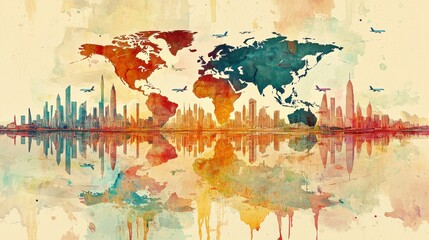 Fototapeta premium Ink-splashed world map discovering iconic landmarks through art
