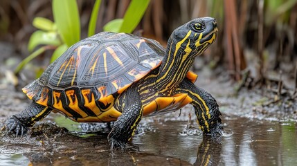 Obraz premium Colorful turtle walking in shallow wetland, plants in background
