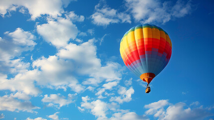 Fototapeta premium Vibrant hot air balloon soaring through a bright blue sky with fluffy clouds