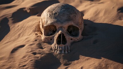 Desert skull sunset; ancient mystery, death, sand background;  historical research