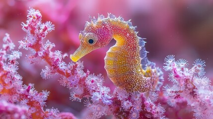 Obraz premium A seahorse, a miniature marvel of nature, camouflages itself amidst the vibrant coral branches, its iridescent scales blending seamlessly with the intricate patterns, a testament to the beauty 