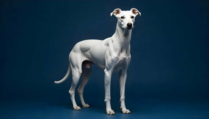 A portrait of a white dog standing on a dark blue background. The dog appears to be a whippet or a similar breed, with a long body and slender legs. It is standing upright with its front legs .