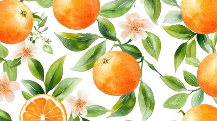 Watercolor oranges, blossoms, leaves; white background;  fresh citrus pattern; food, textile design