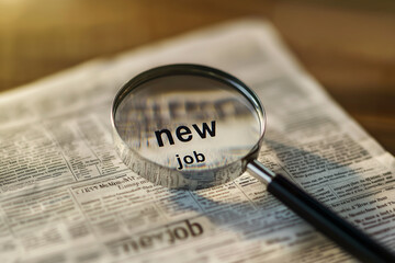 Magnifying glass over a newspaper classified section with new job text. 