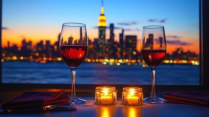 Romantic wine glasses, NYC skyline sunset dinner