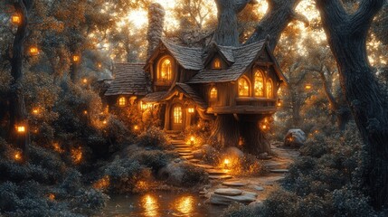 Fototapeta premium A whimsical treehouse nestled among dense foliage, illuminated by glowing lanterns at dusk in an enchanted forest setting.