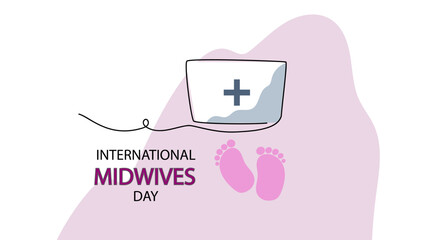  International Midwives Day celebration. Healthcare professional holding newborn, motherhood and pediatric care for greeting card. vector line art.