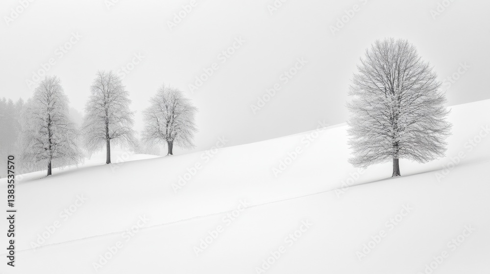 Poster snowy landscape showcases pure white curves and delicate shadows, creating a tranquil and minimalist