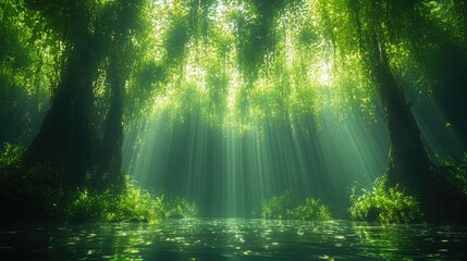Obraz premium A tranquil, sunlit forest scene showcasing a serene water body surrounded by vibrant green foliage and tall trees