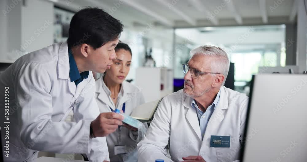 Poster collaboration, computer and sample with scientist people in laboratory for development or discussion