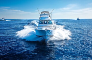 Fototapeta premium Luxury Yacht Speeding Through The Deep Blue Sea On A Sunny Day