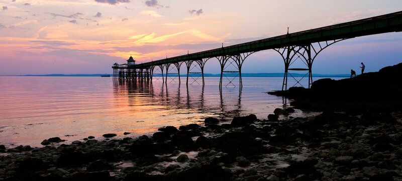 amazing sunset with panorama of famous Clevedon pier in England