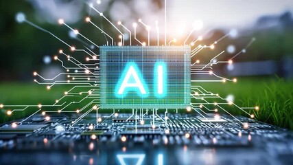 AI Chip: A futuristic close-up showcases a computer chip with the bold "AI" illuminated, representing the cutting edge of artificial intelligence. The image evokes a sense of innovation.