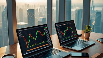 Two laptops displaying stock market charts on wooden desk in modern office with city skyline view through large windows - Powered by Adobe