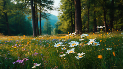 Field of white daisies with trees in background under blue sky for nature scene