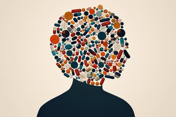 Hormone Balance Concept, Silhouette filled with colorful pills and sports equipment design.