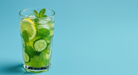 Refreshing cucumber mint lemonade with ice on blue background for summer