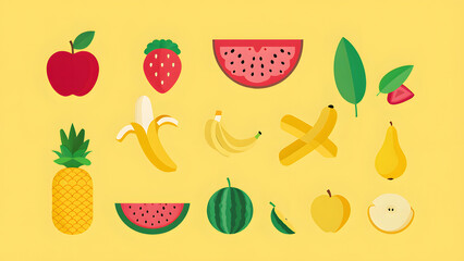 Collection of vector fruit icons features a range, apples, bananas, strawberries, watermelons, and more