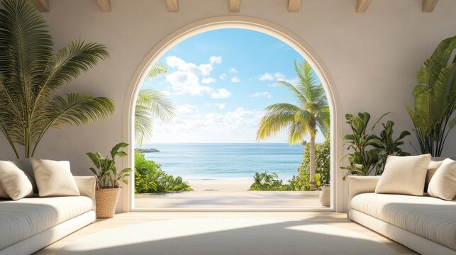 Beach view through arched window in a bright, minimalist living room with sofas and plants.
