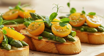 Fresh gourmet bruschetta with asparagus and tomatoes for culinary inspiration