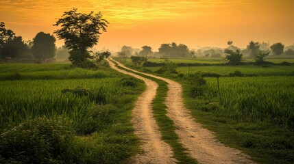 Obraz premium Path between lush green farms in Punjab, bathed in the golden light of an early sunrise generative ai