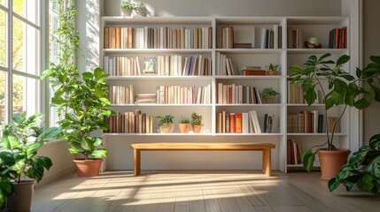 Fototapeta premium Sunlit room, bookshelves, plants, wooden bench, home library, interior design