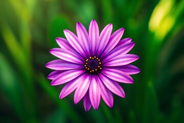Obraz premium A vibrant purple osteospermum daisy blooming in a lush green garden bathed in soft sunlight.